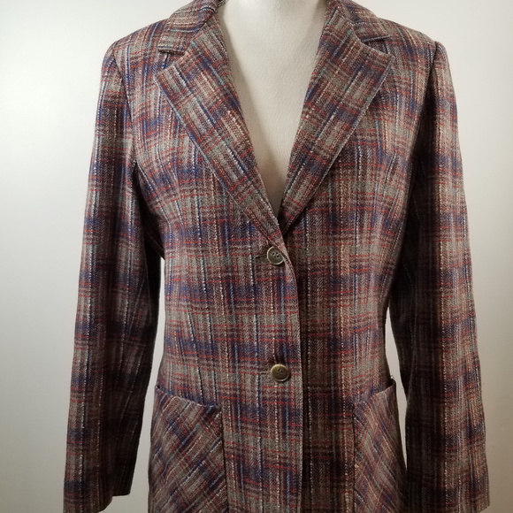 Vintage Panther Wool Plaid Blazer lined Suit Jacket red blue gray Academia 13/14 - Picture 2 of 8
